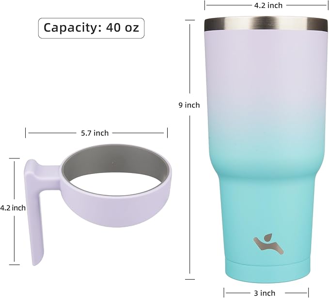 Konokyo 40 oz Tumbler with Handle and 2 Straw 2 Lid, Insulated Water Bottle Stainless Steel Vacuum Cup Reusable Travel Mug, Lavender Green