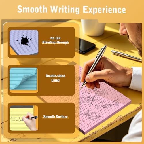 5 Pack Colored Legal Pads 8.5 x 11 Inch, Wide Ruled Micro Perforated Writing Pads 30 Sheets Per Pad for Work Study Daily Note Taking List