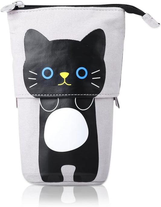 iSuperb Standing Pencil Pouch Pencil Case Cute Cat Telescopic with Zipper Canvas Kwaii Cartoon Pencil Bag Stationery Box for Kids Girls Boys School Supplies 7.5 x 4.9 x 3.0inch/4.1x 3.0inch