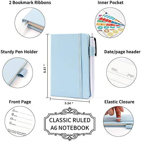 feela 3 Pack Pocket Small Notebook Journals, Mini Cute Memo Notepad Hardcover College Ruled Lined Journals with Pen Holder for Women Girls Office School, with 3 Black Pens, 3.5”x 5.5”, A6, Light Blue