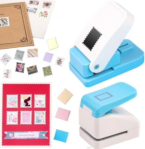 2 Pcs Stamp Punches, Postage Stamp Punch, 1X0.8 inch & 1.1X0.9 inch Embossing Stamps Hole Punch, Portable Lever Paper Puncher, Crafts Punches for Scrapbooking Paper Crafting DIY Projects