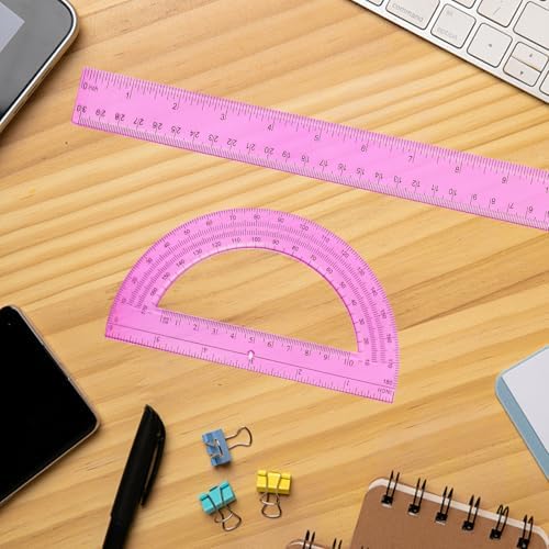 2 Packs 12 Inch Plastic Ruler and 6 Inch Plastic Protractor Set Clear Math Geometry Set Classroom Set Angle Detector School Supplies Classroom Ruler Home Office Drawings (Pink)