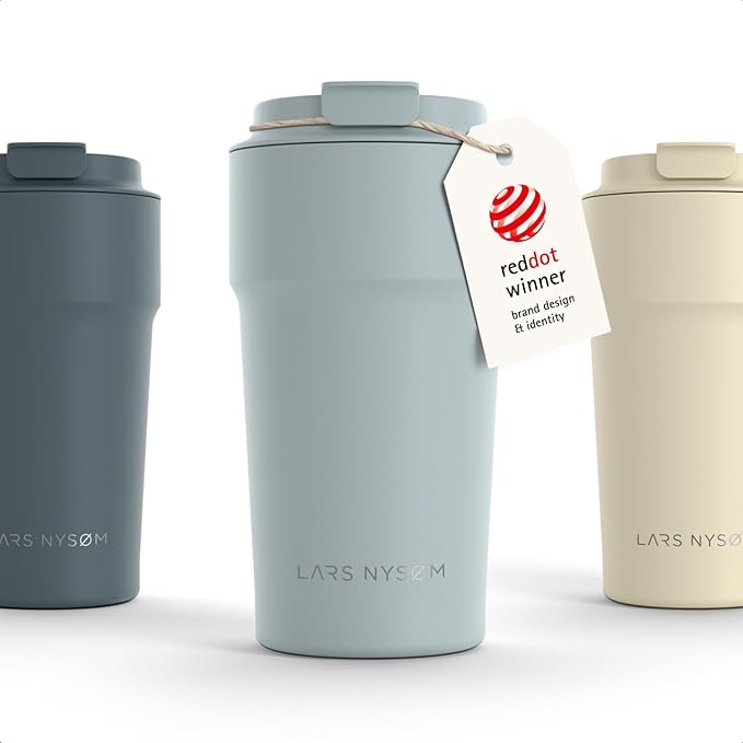 LARS NYSØM Thermo Coffee Mug to go 17oz | Travel Mug 0.5 Liter with Insulation | Silicone grip base | Leak Proof Stainless Steel Tumbler for Coffee and Tea on the Go (Powder Sky Blue, 17oz)