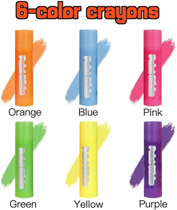 6 Pcs Neon Colors Washable Tempera Paint Sticks for Kids, Mess Free, Quick Drying, Non Toxic for Toddlers