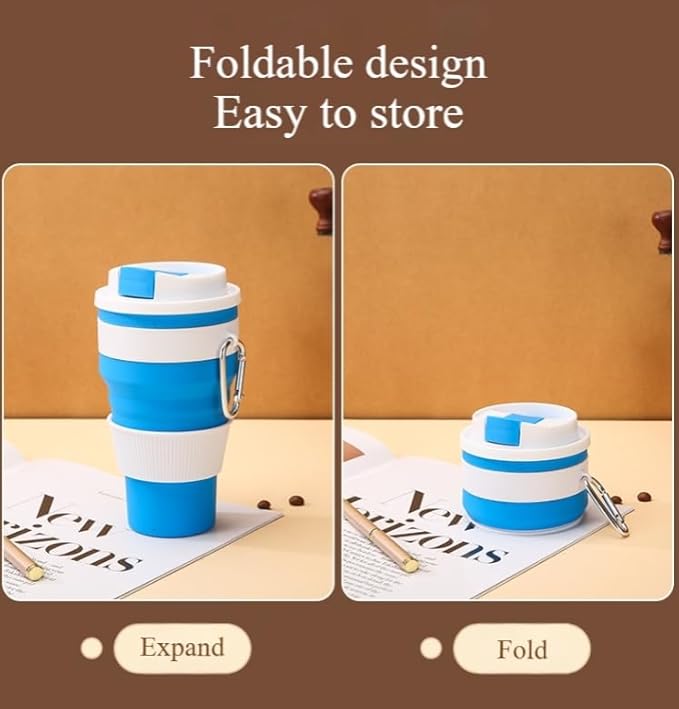 Foldable silicone coffee cup, 16 oz portable eco-friendly water cup with double lids, storage with hanging ring to save space, suitable for outdoor hiking, camping, cycling, car use (Blue 420ML)