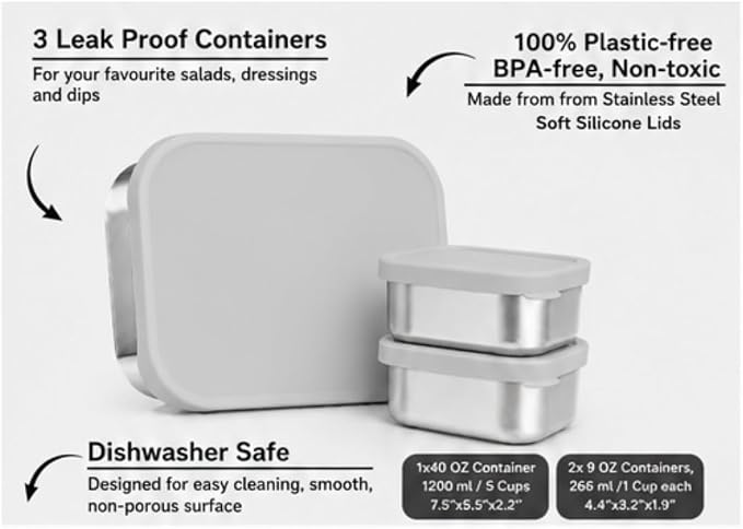 Flexibento 40 OZ Leak Proof Stainless Steel Lunch Box ,Grey Set of 3