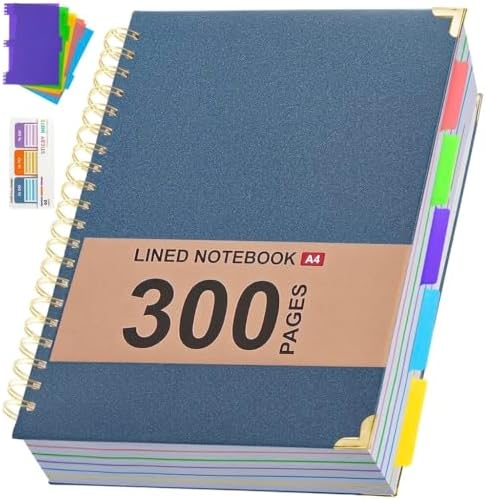 Hardcover Leather Spiral Notebook 8.5" x 11" with Removable Dividers, 300 Pages 5 Subject College Ruled Notebook for Work with Tabs, A4 Spiral Journal for Women Men, School Students Note Taking, Navy