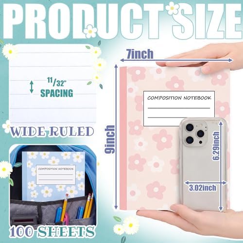 Harloon 6 Pack Composition Notebooks Wide Ruled Bulk Cute Pink Composition Notebook 110 Page 7-1/2" x 9-3/4" Colorful Flower Journal Back to School Gift for Teacher Student Office First Day of School