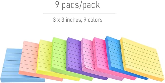 9 Pack Lined Sticky Notes 3x3 in Bright Colors Self-Stick Note Pads with Line, 9 Colors Bulk Sticky Memo Pad for School, Office, Meeting