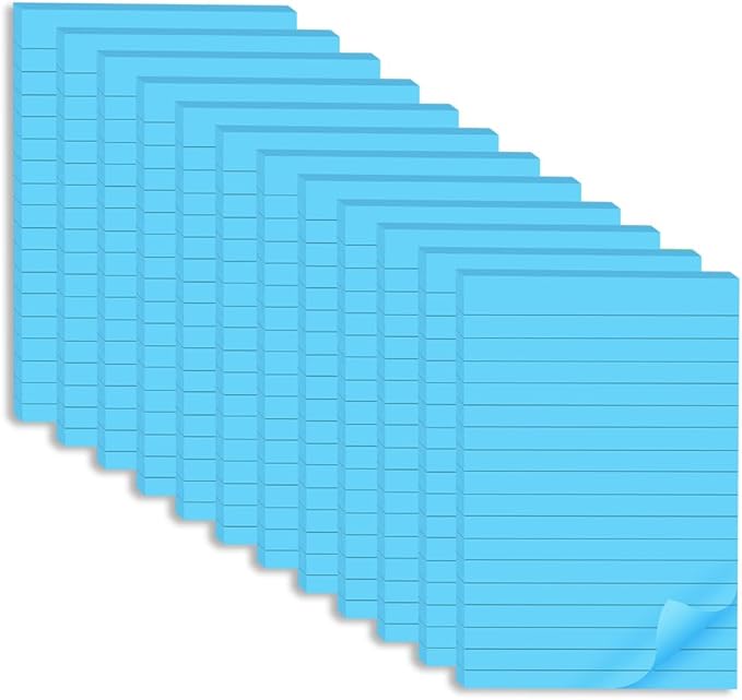 (12 Pack) Lined Sticky Notes 4x6 in,Bright Blue Large Notepads with Lines,Ruled Stickies Super Sticking Power,Office School Memo Note Pads,Post on Windows Doors,Recyclable,Easy to Write on