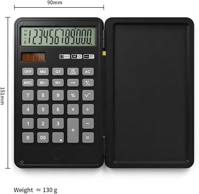 Calculator with Writing Pad,12-Digit LCD Display, Dual Power Solar + Coin Cell,1-Yr Battery Life Silicone Keys for Comfort Lightweight Portable for Students/Engineers/Professionals (Black)
