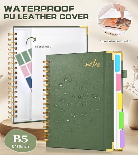 Hardcover Spiral Notebook Journal with Removable Dividers Tabs, 300 Pages Organizer Notebooks for Work School, Leather 5 Subject Notebook College Ruled, 8"x10" Large Lined Journal for Women，Sage