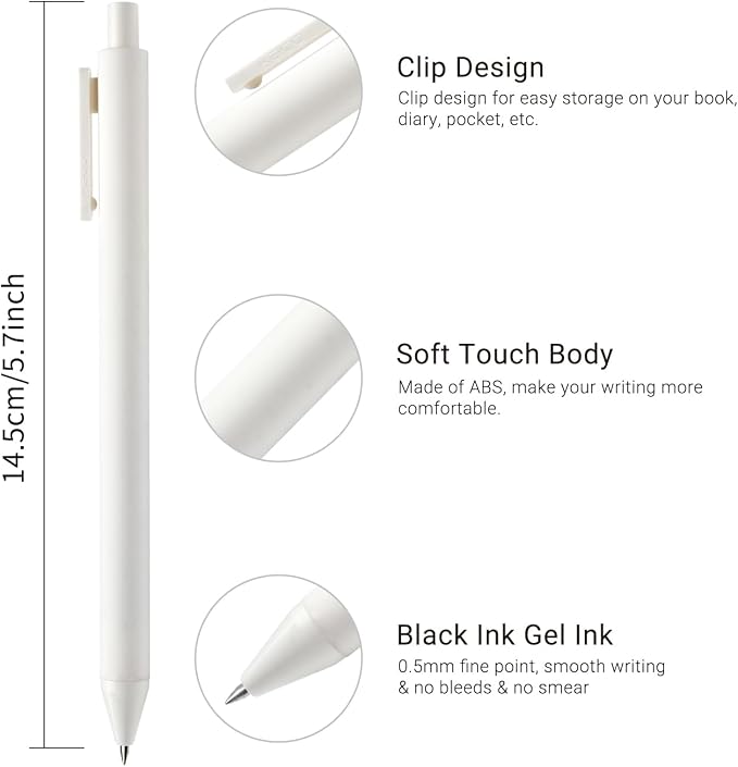 Kaco PURE White Gel Pens 0.7mm Black Ink 10 Count Quick Dry Smooth Writing | Aesthetic School Office Supplies Retractable Pens Low Center of Gravity