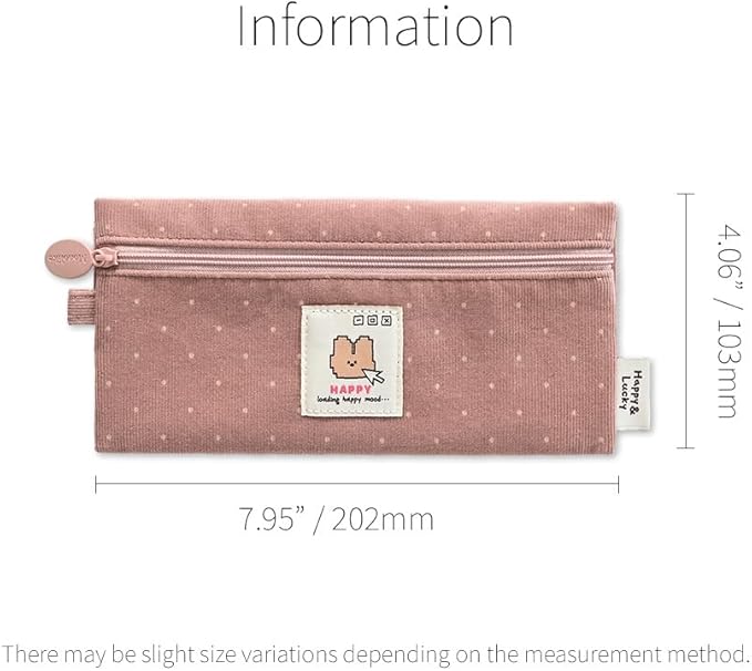 Monolike Happy and Lucky Candy Dot pen case, Pink - Slim Corduroy Style Cotton Pen Pouch, Cute Aesthetic Pastel Stationery Organizer for Office