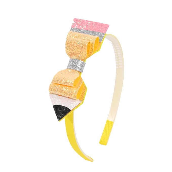 Back to School Headband Yellow Pencil Bow Hair Band Sparkly Glitter Headbands Cute Preppy Hair Accessories for Student Teacher Gifts, School Classroom Party Supplies