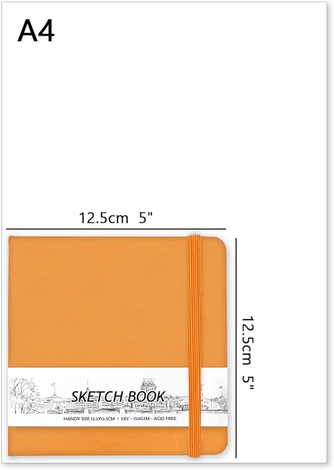 qianshan 5" x 5" Hardcover Sketch Book,Small Mixed Media Sketch Pad,58 Sheets 150GSM Acid-Free Artist Drawing Paper,Travel Journal Blank Notebook for Adults Painting,Illustration,Art Supplies.Orange