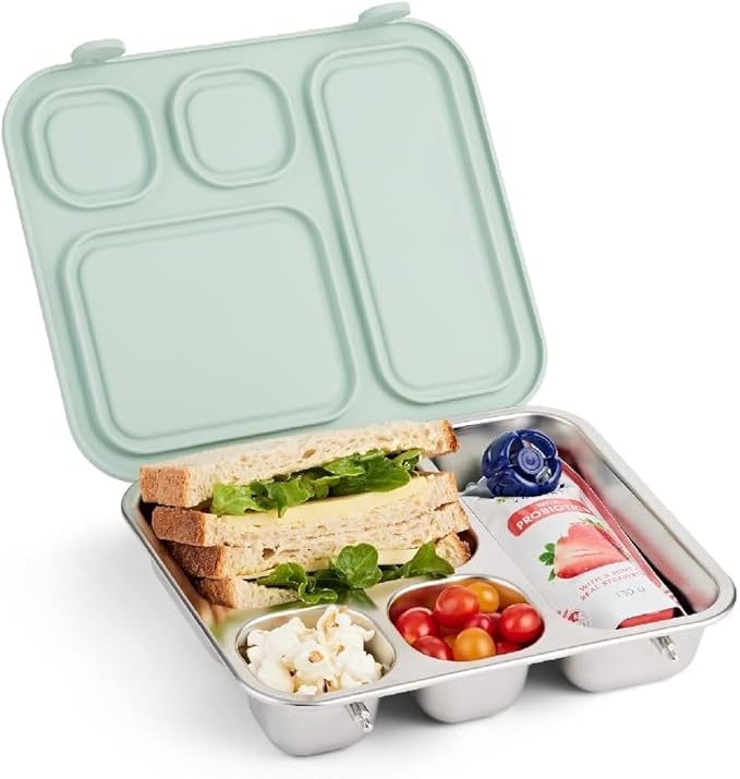 Elk and Friends Kids Stainless Steel Bento Box with Silicone Lid | Leak-proof | Toddler Lunch Container | 4 Compartments | Dishwasher Safe