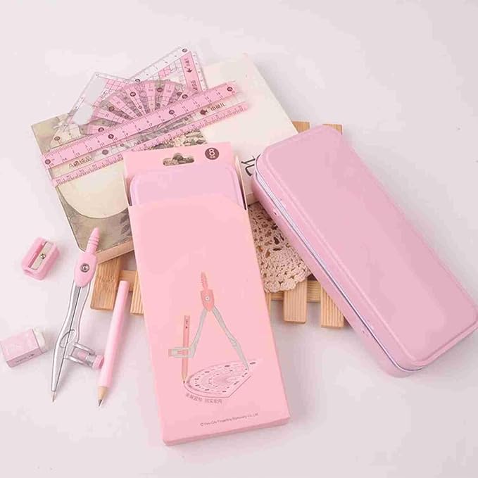Geometry Set, Pencil for Compass, Pencil Sharpener, Rulers, Straight Ruler, Protractor, Graphic Compass, White Eraser Shatterproof Storage Box Protractor, Math Geometry Kit Drawing Tools (Pink)