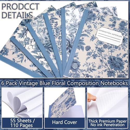 Harloon 6 Pack Composition Notebooks College Ruled Bulk Vintage Blue Flower Composition Notebook 110 Page 7-1/2" x 9-3/4" Journal Back to School Gift for Teacher Student Office First Day of School