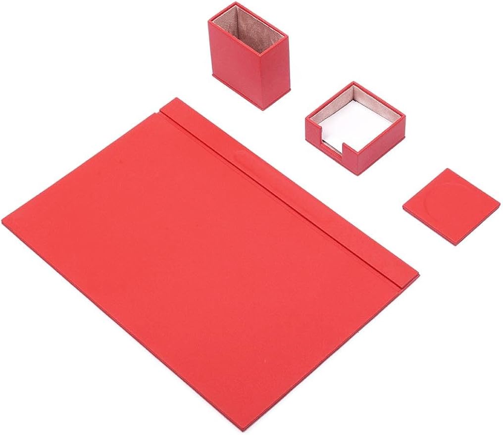 Luna Minimalist Leather Desk Set – 4 Piece Desk Organizer with Desk Pad, Pen Holder, Note Holder & Coaster – Compact Office Desk Accessories – Multiple Colors (Red)