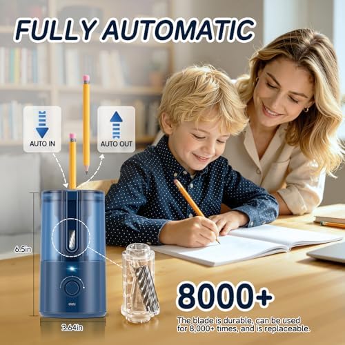 Deli Electric Pencil Sharpener, Fully Automatic Pencil Sharpener for 6.9-8mm No.2 & Colored Pencils, Auto in & Out, Rechargeable Hands-Free Sharpener for Classroom, Home, Office, Blue