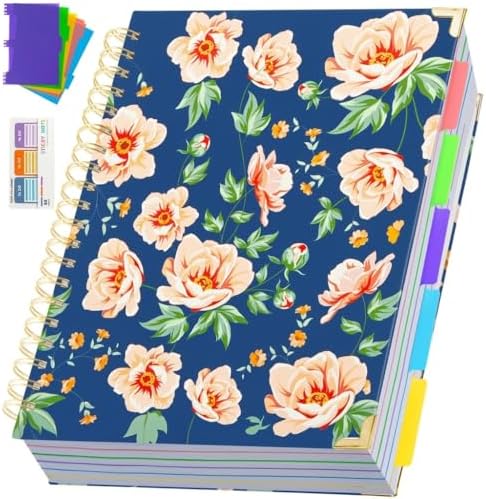 Hardcover Spiral Notebook 8.5" x 11" with Removable Dividers, 300 Pages 5 Subject College Ruled Notebook for Work with Tabs, A4 Spiral Journal for Women Men, School Students Note Taking, Navy Floral