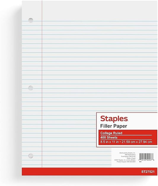 STAPLES College Ruled Filler Paper, 8.5” x 11”, White, 400‑Sheet Pack