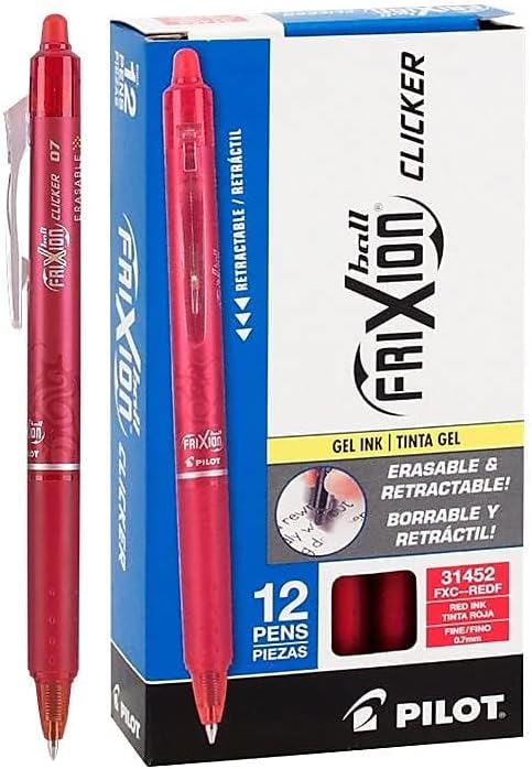 PILOT FriXion Clicker Erasable, Refillable & Retractable Gel Ink Pens, Fine Point, Red Ink, 12-Pack (31452)