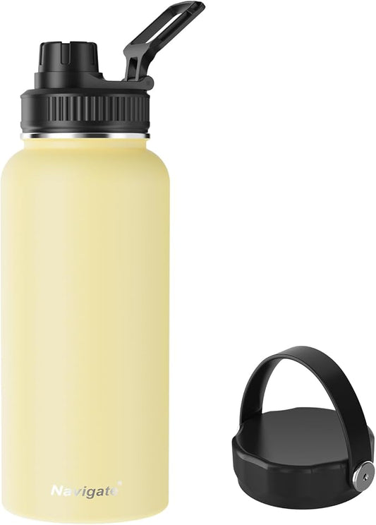 Navigate 32oz Insulated Water Bottle for Sports, Keep Cold 24H | 2-in-1 Spout and Handle Lids, Double Leak-Proof, 18/8 Stainless Steel, BPA-Free, Wide Mouth for Hiking,Faint Yellow