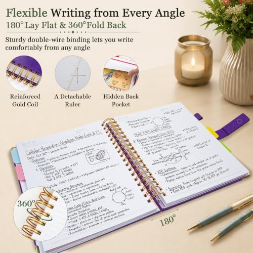 Hardcover Spiral Notebook 8.5''x 11'' College Ruled Notebook with Magnetic Closure, 300 Pages 5 Subject Notebooks with Pocket Dividers for Work School, A4 Leather Journal for Women, Men (Purple)