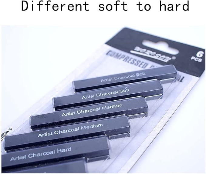 Compressed Charcoal Rod 6PCS Soft, Medium and Hard Grade Vine Square Willow Charcoal Sticks for Drawing, Sketching, Shading, Art Supplies Sketch Kits Tools Carbon Strip