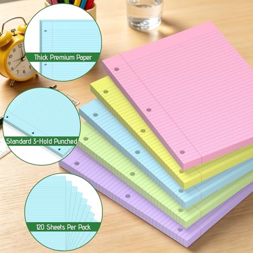 600 Sheets Colored Loose Leaf Paper, 8 x 10.5 In College Ruled Filler Paper