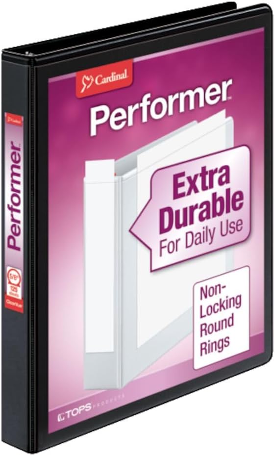 Cardinal 3 Ring Binder, 5/8 Inch Performer ClearVue Binder, Round Rings, 125-Sheet Capacity, Customizable ClearVue Covers, PVC-Free, Black (67125)