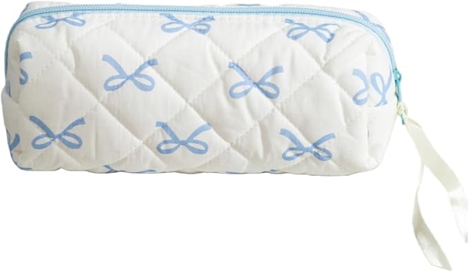 Quilted Bow Pencil Case, Large Capacity Coquette Stationery Bag | Soft Cotton Storage Bag Aesthetic Cosmetic Pouch for Brushes Pencils and Travel Make Up Accessories for Women and Girls