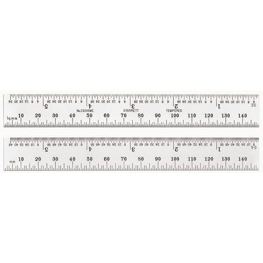 Starrett Spring Tempered Steel Rule with Satin Chrome Finish, Millimeter, and Inch Graduation - 5-3/4" Length, 36 Graduation Type, 1.2mm Thickness - C636ME-150