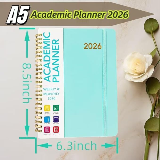 Academic Planner 2026 - Hardcover Weekly & Monthly Calendar Agenda, Daily Planner for Students & Teachers, 8.5" x 6.3" Portable Size，Daily Agenda Book with Tabs, College Organizer Notebook (green)