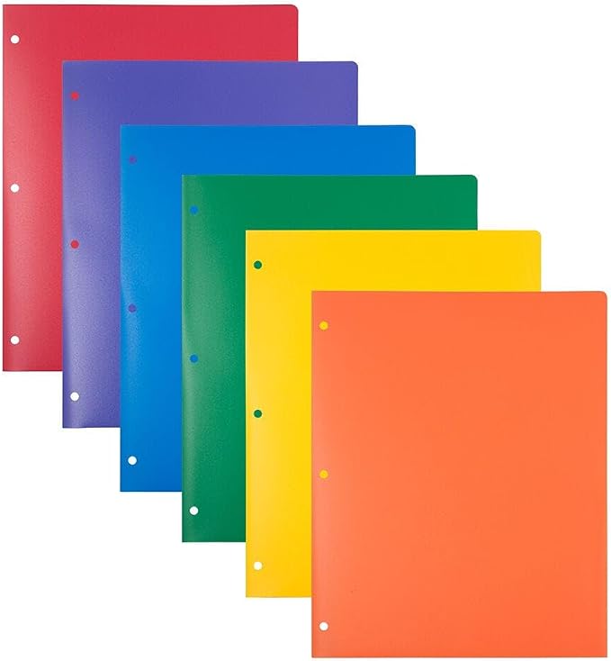 JAM PAPER Heavy Duty Plastic 3 Hole Punch Pocket Folders - Extra Tough School Folders - Assorted Primary Colors - 12 Folders/Pack (2 Assorted Packs of 6)