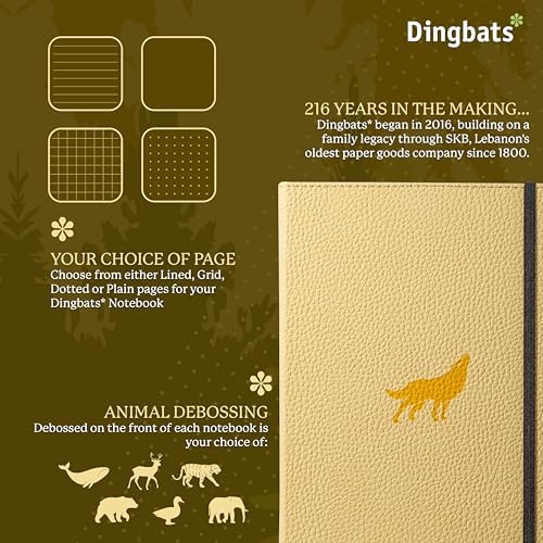 Dingbats* Wildlife Grid Writing Journal Notebook A5 - Vegan Leather Hardcover - Ideal for Work, Travel - Pocket, Elastic Closure, & Bookmark