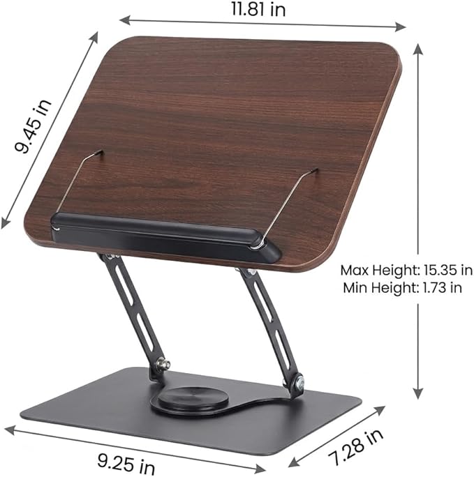 Premium Adjustable Bookstand for Desk - 360° Swivel Wooden Book Holder for Reading Hands Free, Heavy Duty Carbon Steel Textbook Stand, Portable Cookbook Holder for Kitchen Counter, Bible, Laptop
