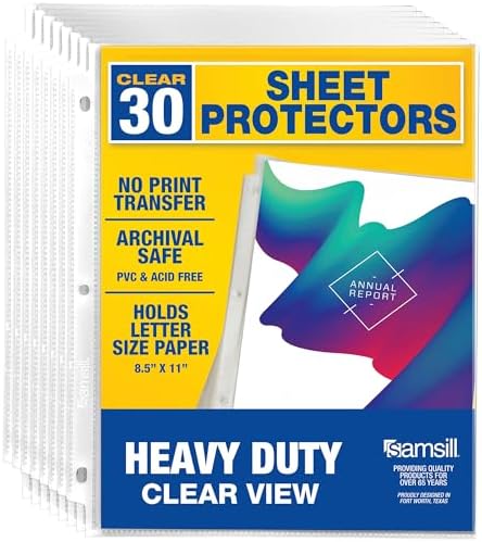 Samsill 30 Pack Heavy Duty Sheet Protectors, Crystal Clear, 8.5x11 Inch Page Protectors for 3 Ring Binder, Letter Size Protectors with Reinforced Holes, Clear Document Sleeve, Top Loading, Acid Free