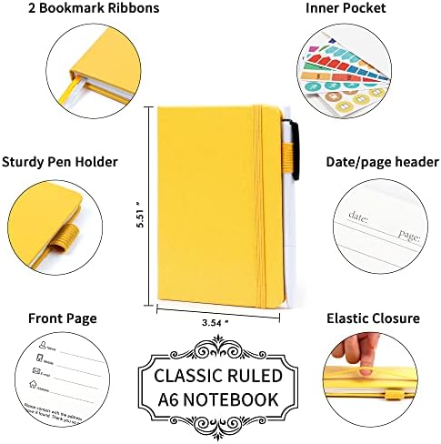 feela 3 Pack Pocket Notebook Journals with 3 Black Pens, A6 Mini Cute Small Journal Notebook Bulk Hardcover College Ruled Notepad with Pen Holder for Office School Supplies, 3.5”x 5.5”, Yellow