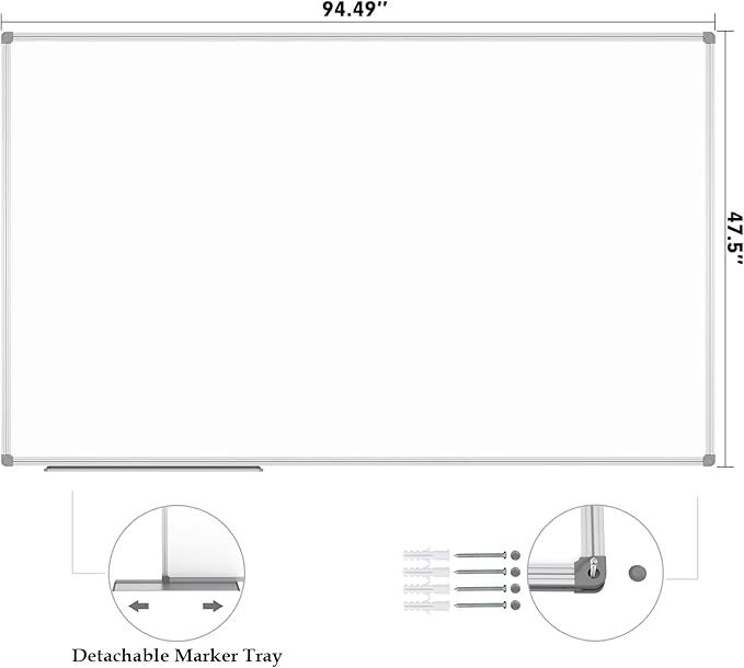 JILoffice Magnetic Dry Erase Board 96 x 48 inches, Large 4" x 8" Whiteboard for wall, Silver Aluminum Frame Wall Mounted Board for Office Home and School