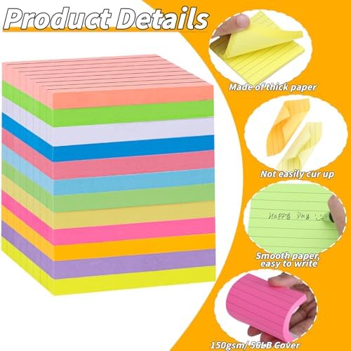 120 Pack Lined Sticky Notes 3x3 Inch 12 Colors Colorful Memo Pads Bulk