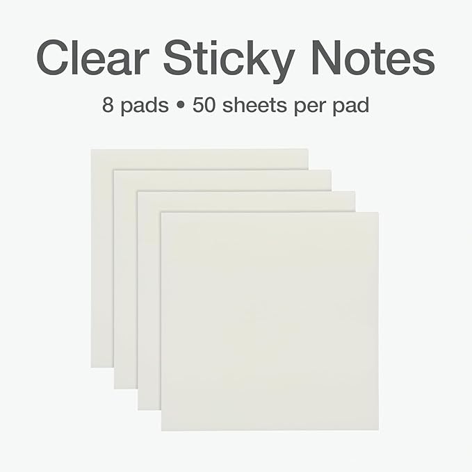 Redi-Tag Translucent Sticky Notes, Transparent Self-Stick Notes, 3" x 3", Transparent Colors, 8 Pads, 50 Notes Per Pad, 400 Sheets (1019169)