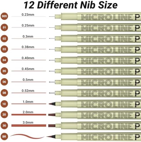 KERIFI Sepia Micro Pen Set, 12 Assorted Sizes Fineliner Ink Art Drawing Pens, Water-Resistant Archival Ink Multiliner Pens for Illustration Technical Sketching Manga Scrapbooking Journaling Zentangle