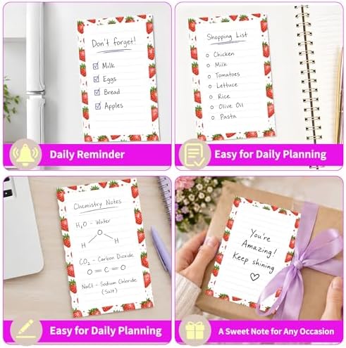 Lined Sticky Notes 4x6 in, 2 Pack Large Cute Notepads with Lines Self-Stick Note Pad, Funny Memo Pads Strong Adhesive for Office, Home Cute Red Strawberry