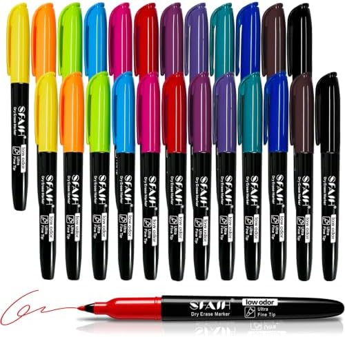 SFAIH Ultra Fine Tip Dry Erase Markers, 12 Colors, 24 Pack, 0.7mm, Low Odor
