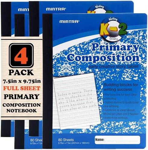 Mintra Primary Composition Notebook, 4 Pack, Blue Cover, 80 Sheets, 7.5in x 9.75in, Full Sheet, Ruled with Drawing Area, Flexible Hardcover Journal, Grades K-2, School & Home Use