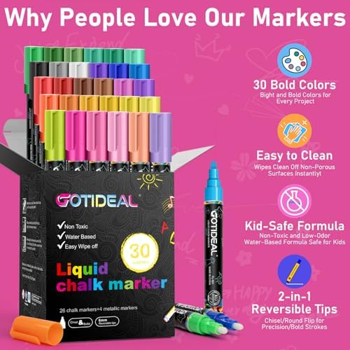 GOTIDEAL Chalk Markers, 30 Colors Liquid Chalk Markers for Blackboard