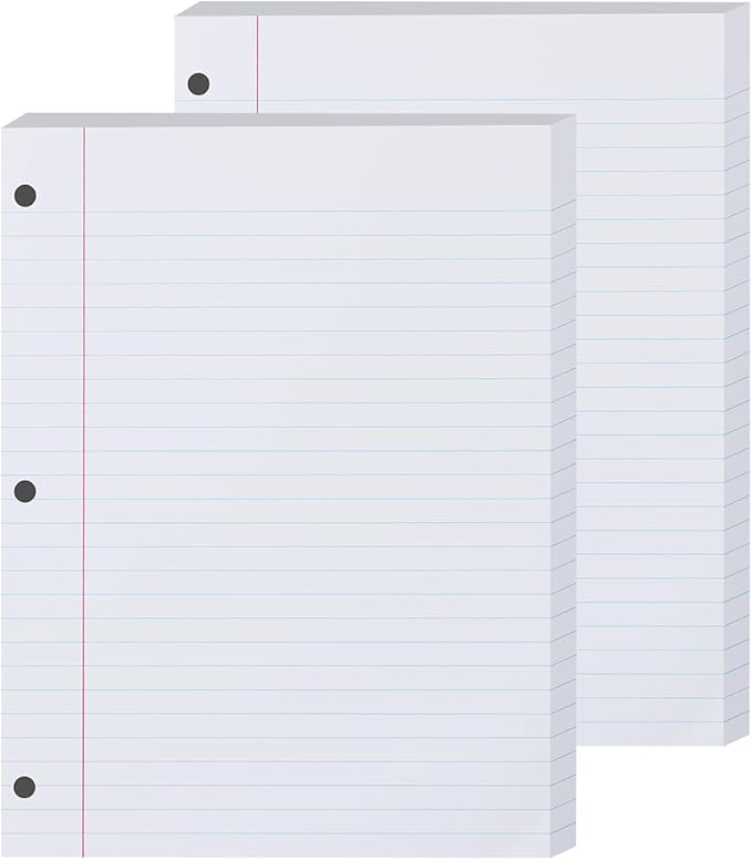 Loose Leaf Paper, 2 Pack 100 Sheets, Wide Ruled, 8" x 10.5", Reinforced Notebook Paper College Ruled, 3 Hole Punched, College Lined Filler Papers for 3 Ring Binder Notebook, School & Office, White